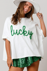 White Lucky Tinsel Graphic St Patrick Fashion Tee Graphic Tees JT's Designer Fashion
