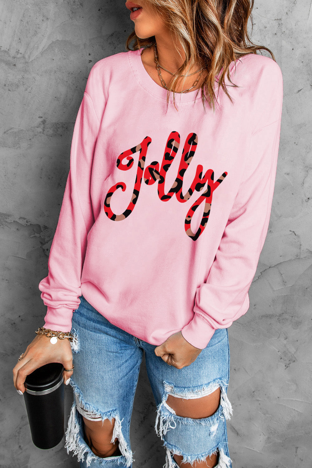 Pink Leopard Shading Jolly Letter Print Sweatshirt Graphic Sweatshirts JT's Designer Fashion