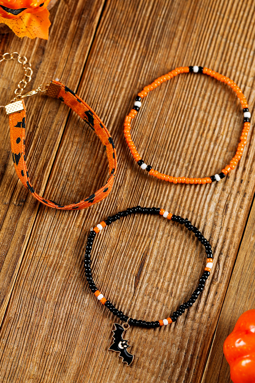 Russet Orange Halloween Bat Pendant Beaded Multi Layer Bracelet Set Jewelry JT's Designer Fashion