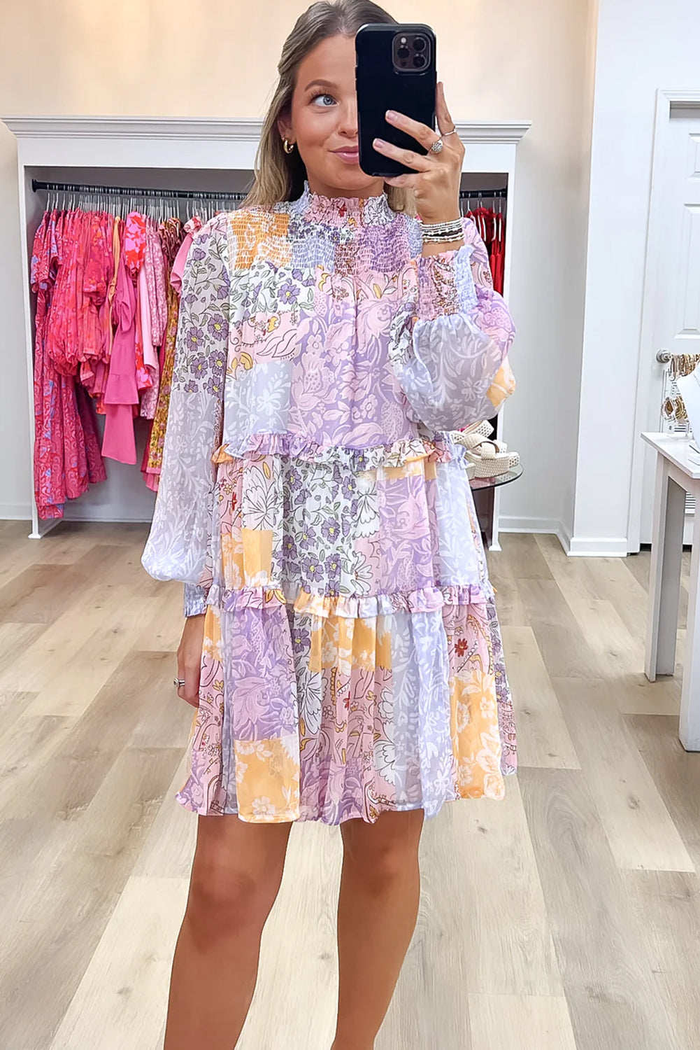 Multicolour Floral Smocked Mock Neck Ruffled Tiered Bubble Sleeve Dress Floral Dresses JT's Designer Fashion