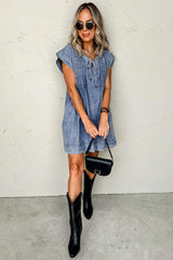 Beau Blue Tie V Neck Tucking Detail Short Sleeve Denim Shift Dress Mini Dresses JT's Designer Fashion