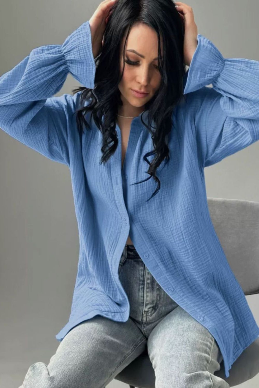 Textured Collared Neck Flounce Sleeve Shirt Blue Long Sleeve Tops JT's Designer Fashion