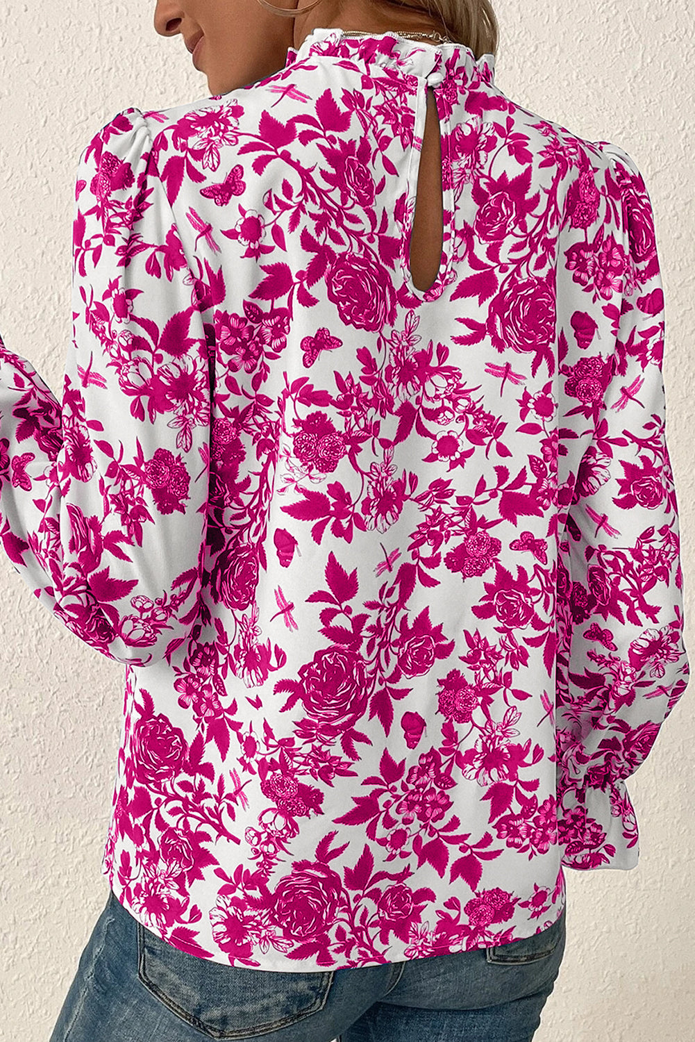 Rose Floral Print Flounce Sleeve Keyhole Back Blouse Blouses & Shirts JT's Designer Fashion