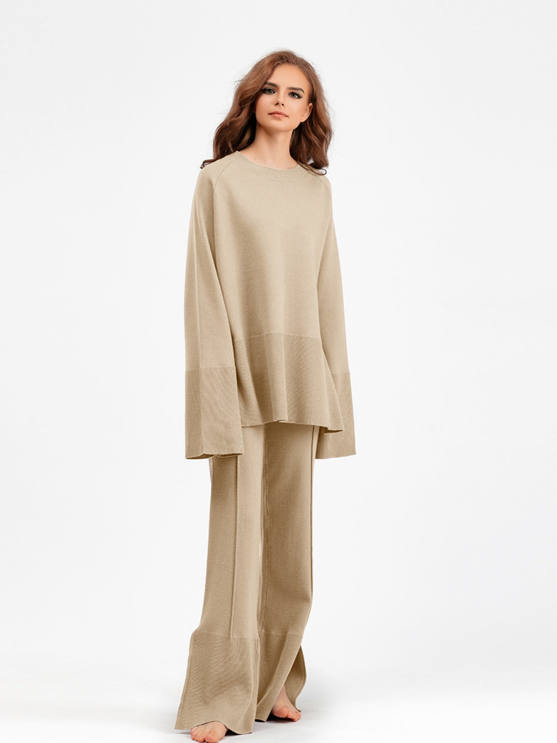 Slit Round Neck Long Sleeve Top and Drawstring Pants Sweater Set Pants Sets JT's Designer Fashion