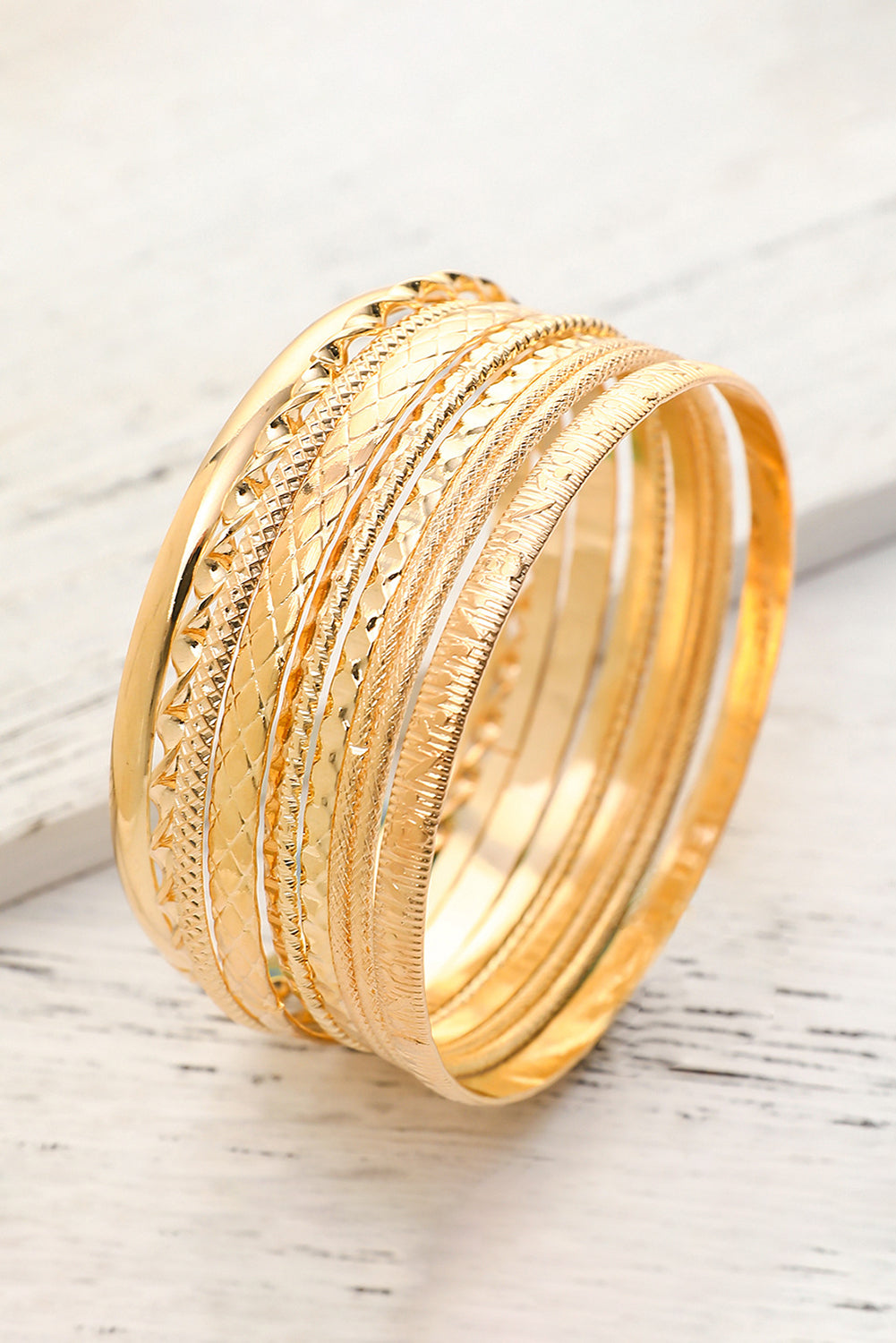 Gold 10pcs Textured Twisted Stackable Alloy Bracelet Set Jewelry JT's Designer Fashion