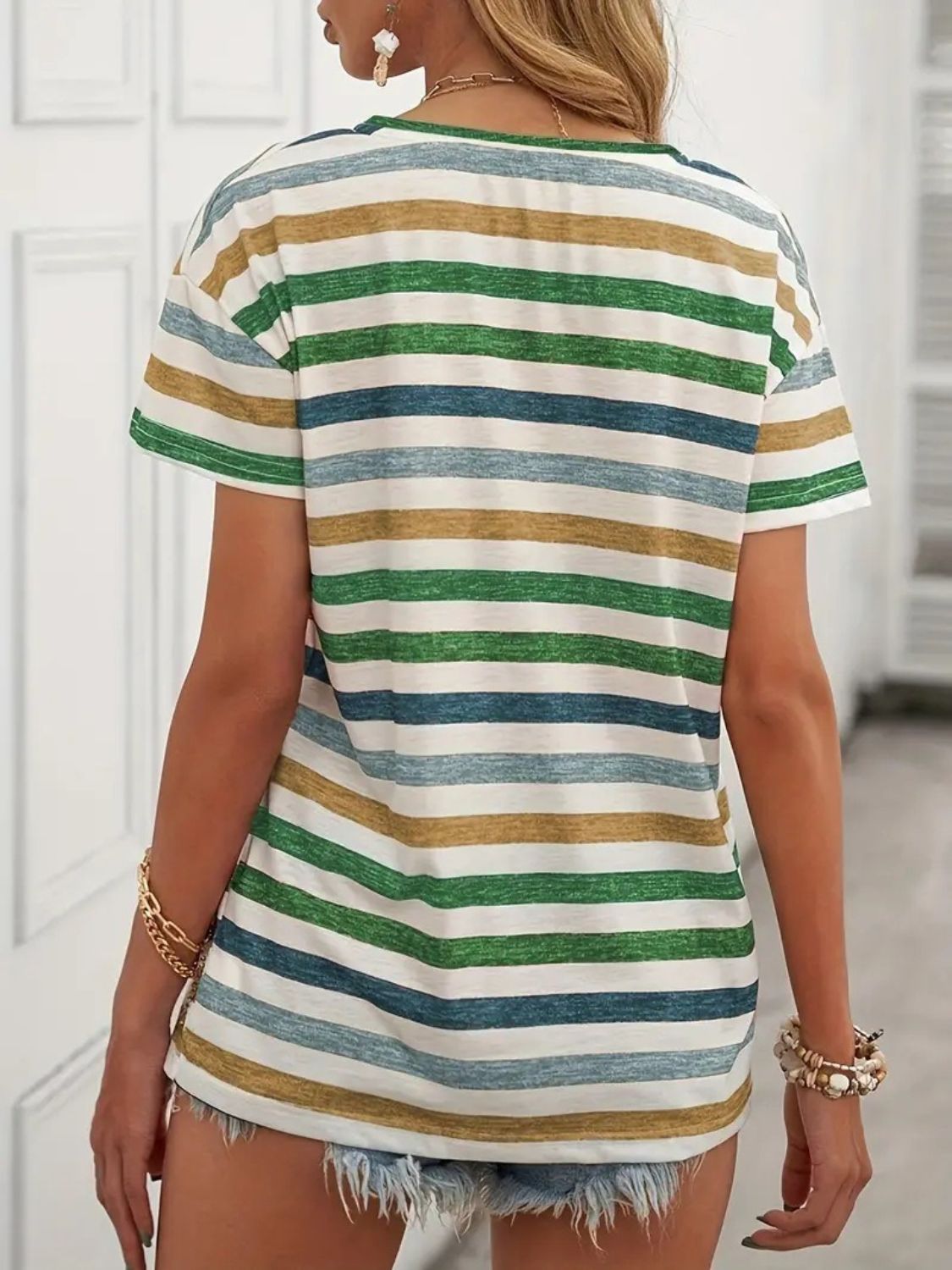 Striped Round Neck Short Sleeve T-Shirt T-Shirts JT's Designer Fashion