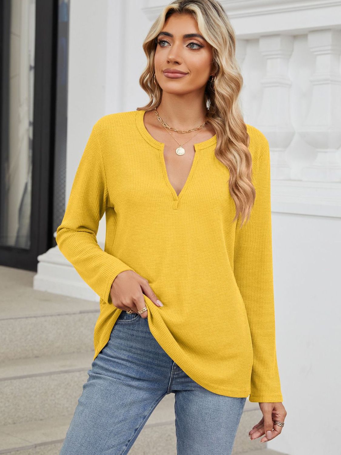 Waffle-Knit Notched Long Sleeve T-Shirt Yellow Long Sleeve Tops JT's Designer Fashion