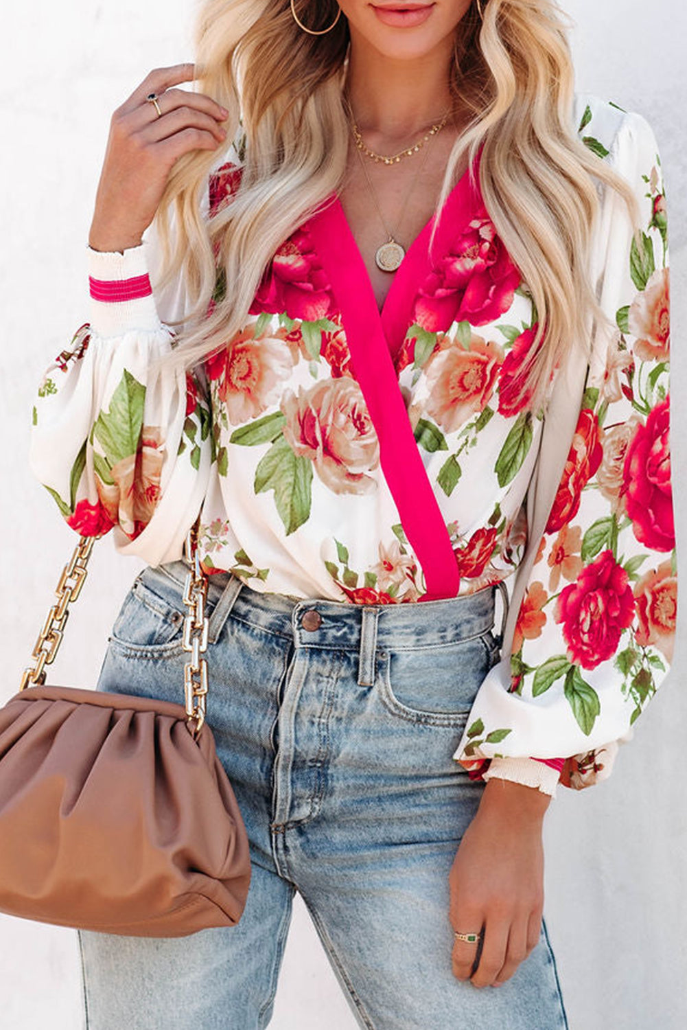 Rose Floral Print V Neck Wrap Bodysuit Bodysuits JT's Designer Fashion