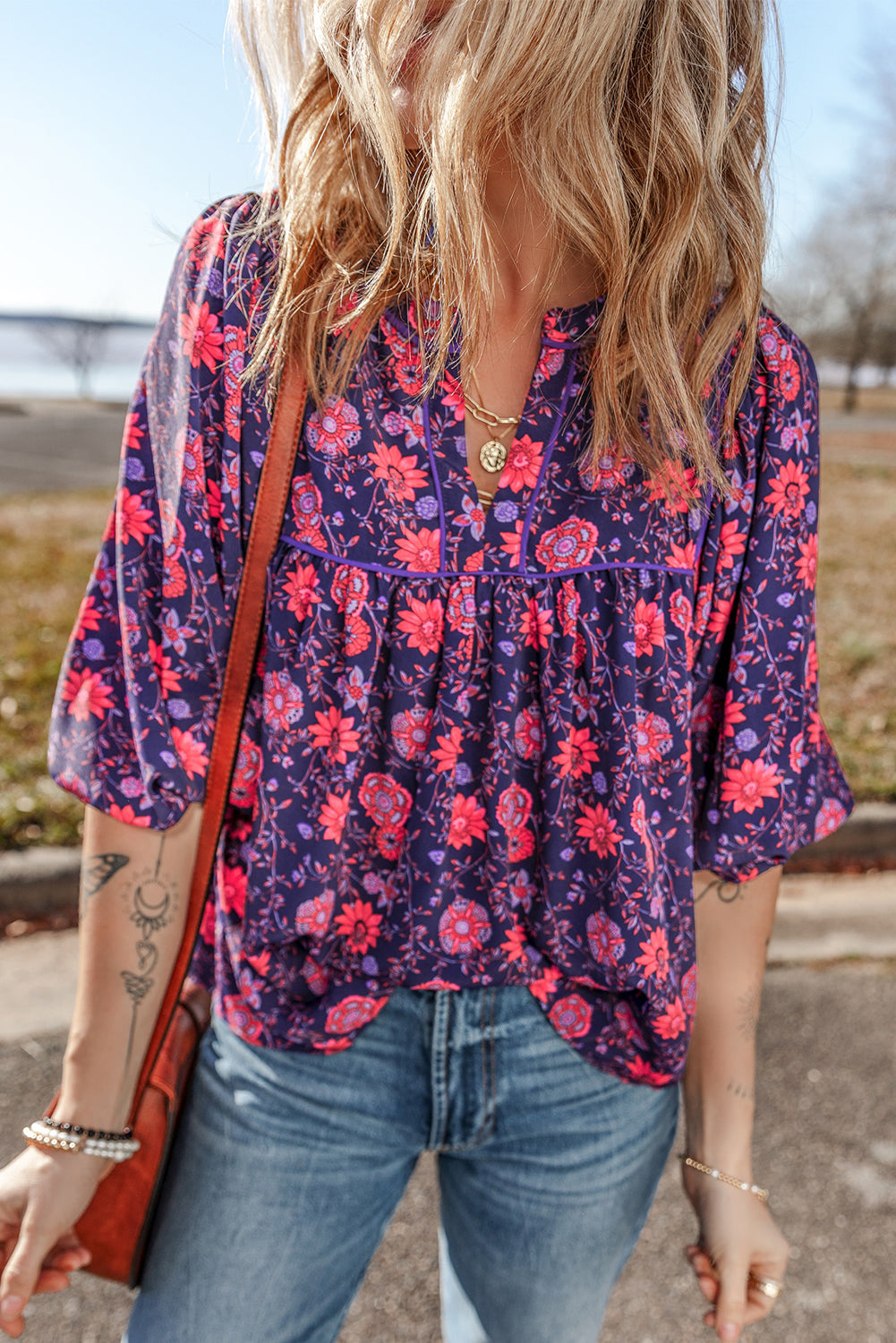 Purple Floral Half Sleeve Split Neck Blouse Top Blouses & Shirts JT's Designer Fashion