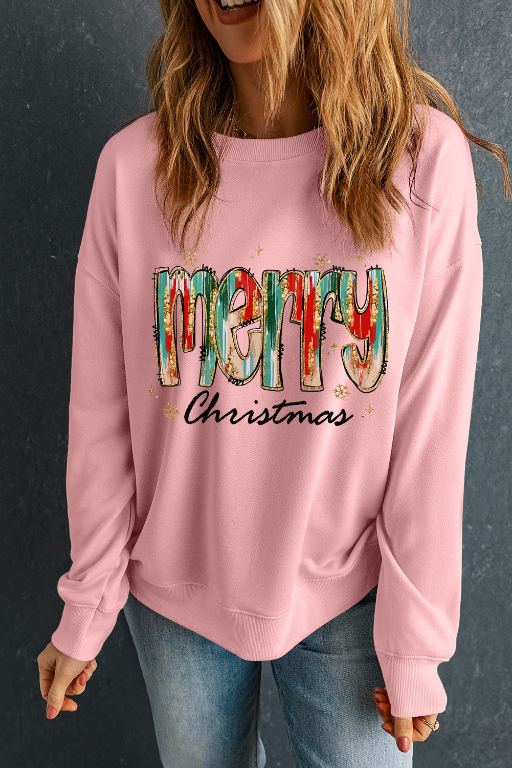 Pink Brushwork Merry Christmas Print Drop Shoulder Sweatshirt Graphic Sweatshirts JT's Designer Fashion