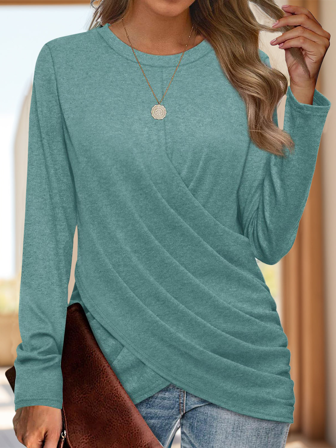 Ruched Round Neck Long Sleeve T-Shirt Turquoise Long Sleeve Tops JT's Designer Fashion