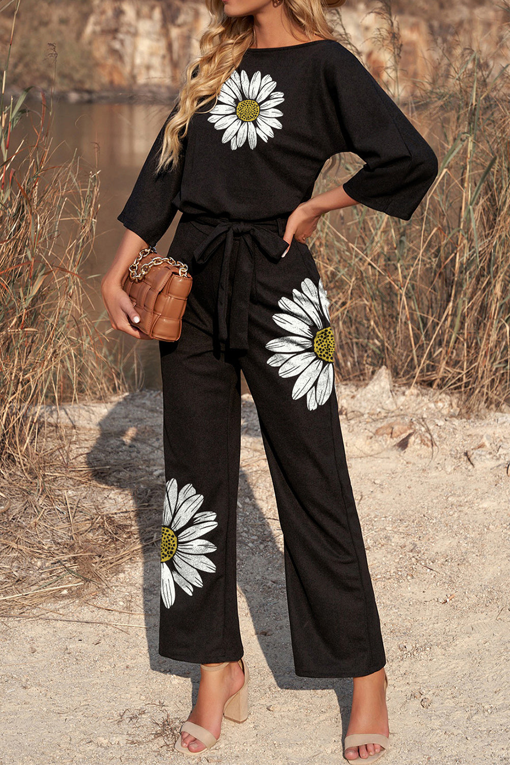 Black Daisy Print Lace-up High Waist Wide Leg Jumpsuit Jumpsuits & Rompers JT's Designer Fashion