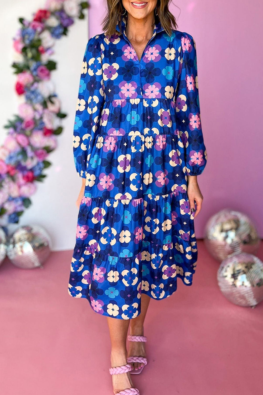 Blue Floral Peasant Sleeve Tiered Ruffle Midi Dress Midi Dresses JT's Designer Fashion