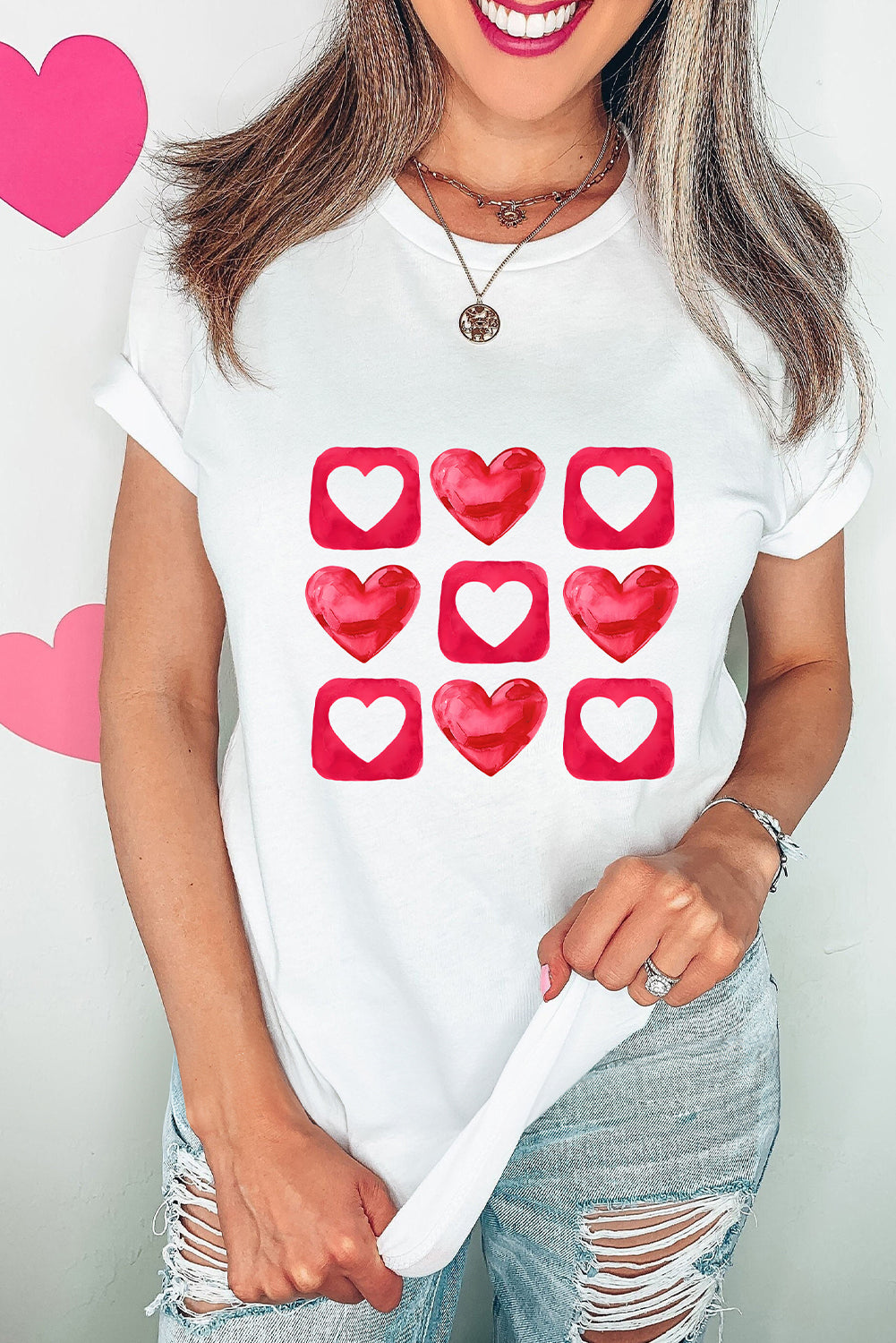 White Heart Graphic Crew Neck Valentines T Shirt Graphic Tees JT's Designer Fashion