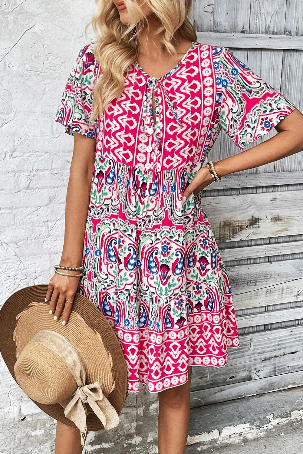 Pink Bohemian Print Tie Neck Ruffle Hem Short Dress Mini Dresses JT's Designer Fashion