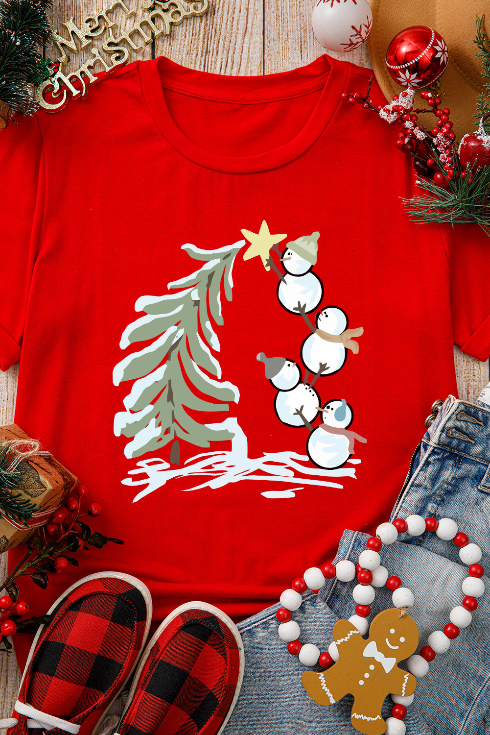 Red Christmas Tree Snowman Printed Crewneck T Shirt Graphic Tees JT's Designer Fashion