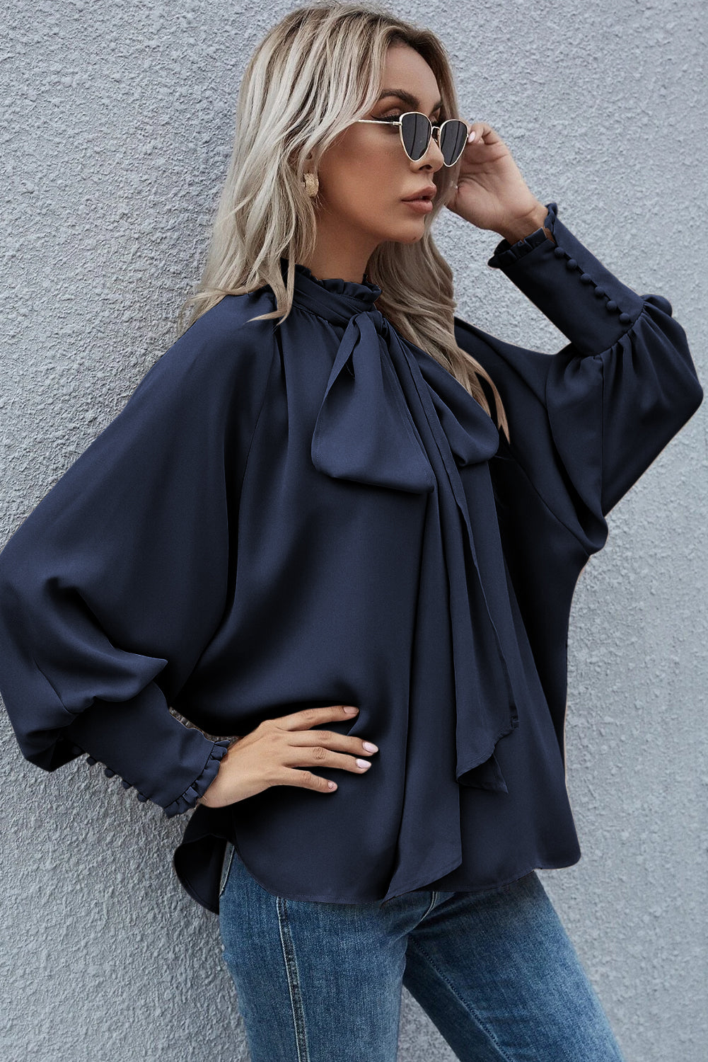 Navy Blue Frilled Knotted Mock Neck Bishop Sleeve Blouse Blouses & Shirts JT's Designer Fashion