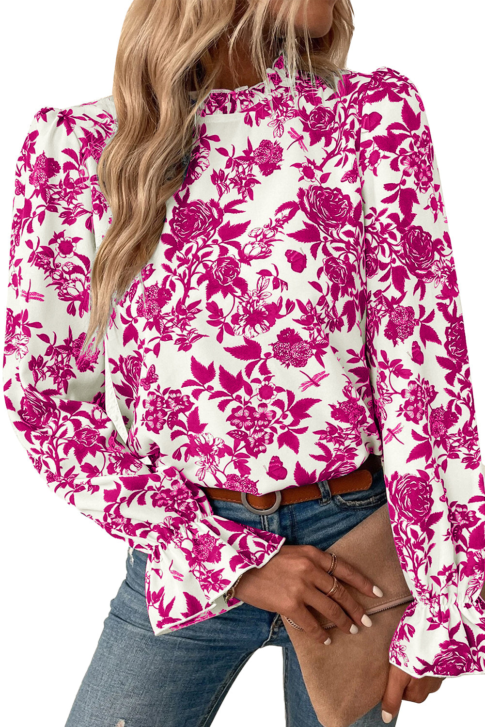 Rose Floral Print Flounce Sleeve Keyhole Back Blouse Blouses & Shirts JT's Designer Fashion