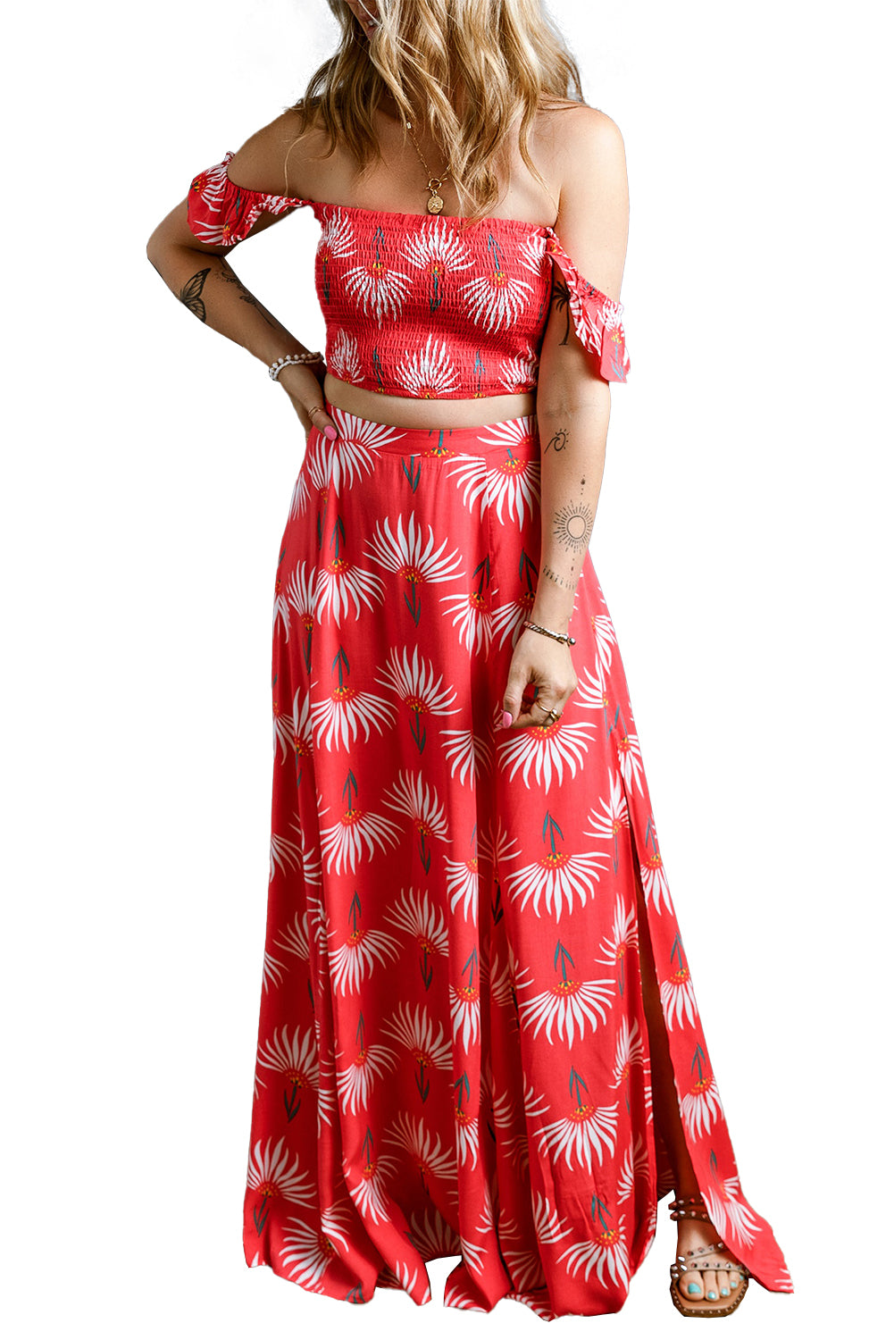 Red Floral Shirred Off Shoulder Crop Top and Slit Maxi Skirt Set Bottoms JT's Designer Fashion