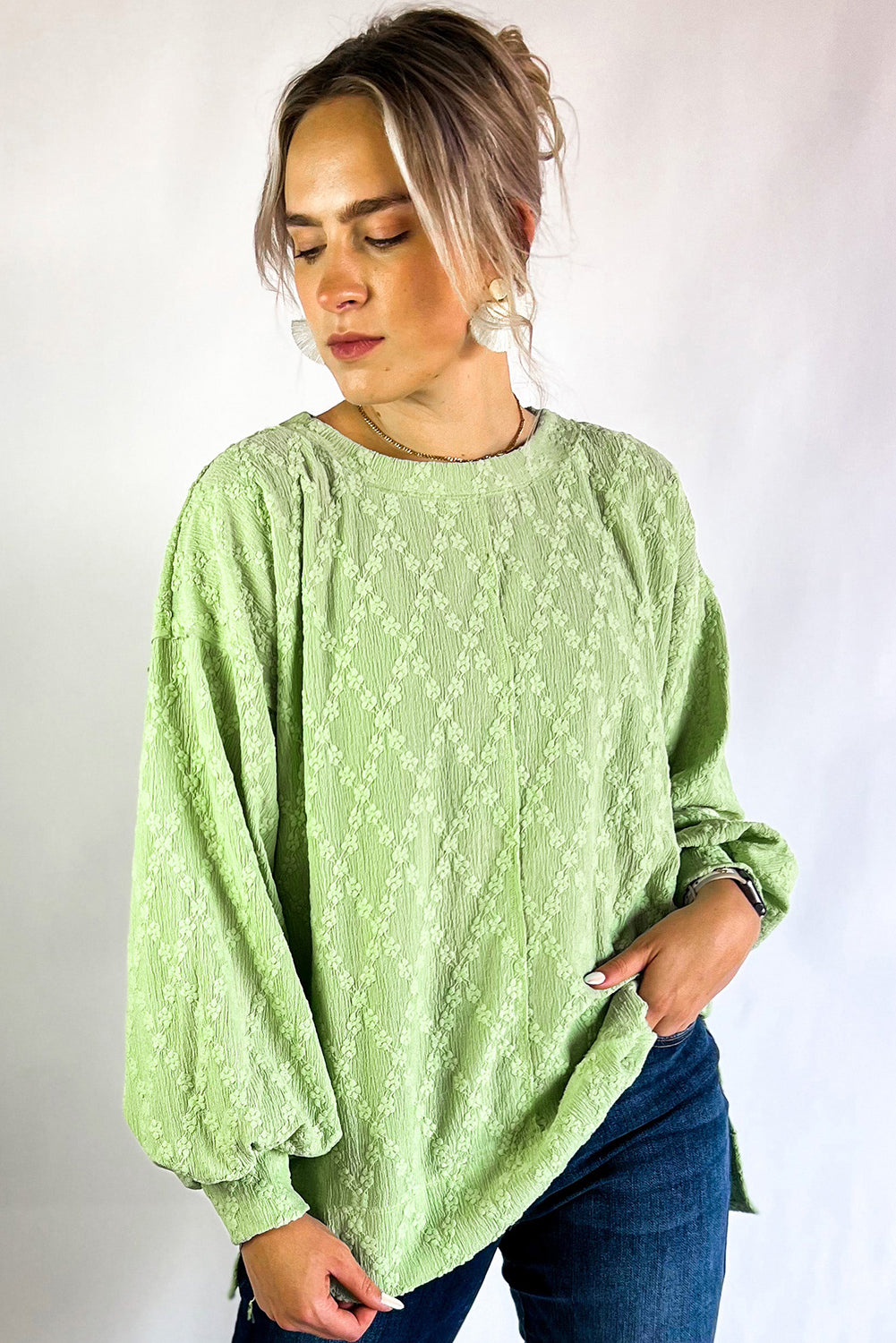 Light Green Solid Color Textured Side Split Crew Neck Blouse Blouses & Shirts JT's Designer Fashion