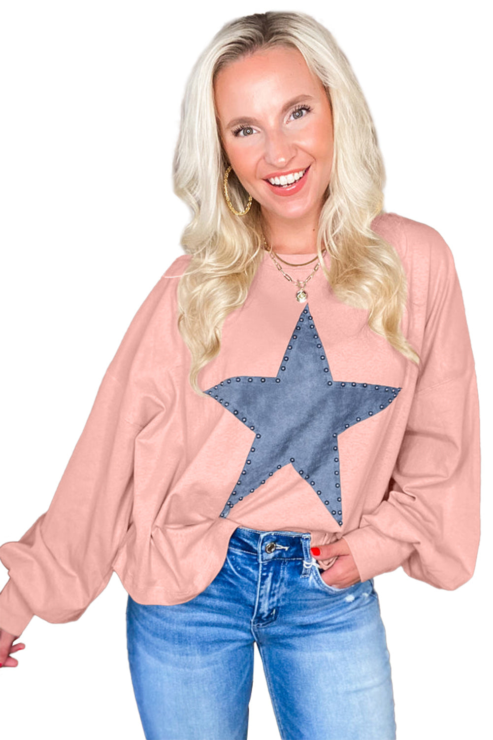 Gossamer Pink Studded Star Graphic Oversized Long Sleeve Top Long Sleeve Tops JT's Designer Fashion