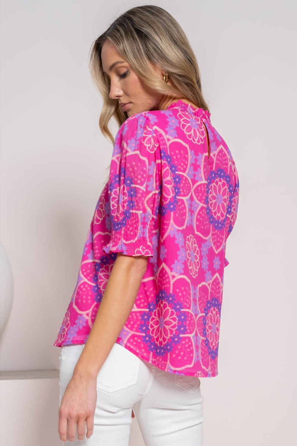 Rose Floral Print Frilled Neck Smocked Puff Sleeve Blouse Blouses & Shirts JT's Designer Fashion