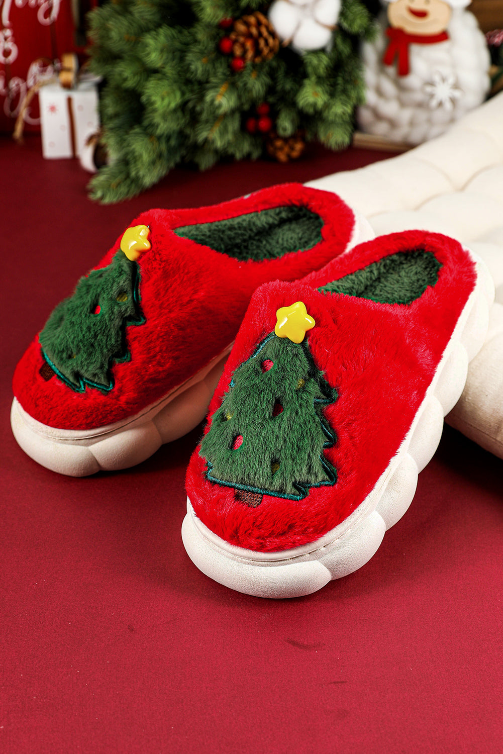 Fiery Red Christmas Tree Graphic Thick Sole Plush Slippers Slippers JT's Designer Fashion