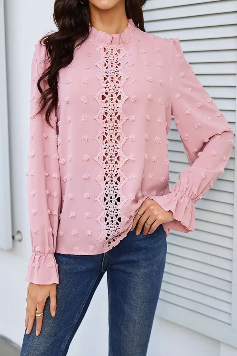 Mock Neck Flounce Sleeve Blouse Blush Pink Long Sleeve Tops JT's Designer Fashion