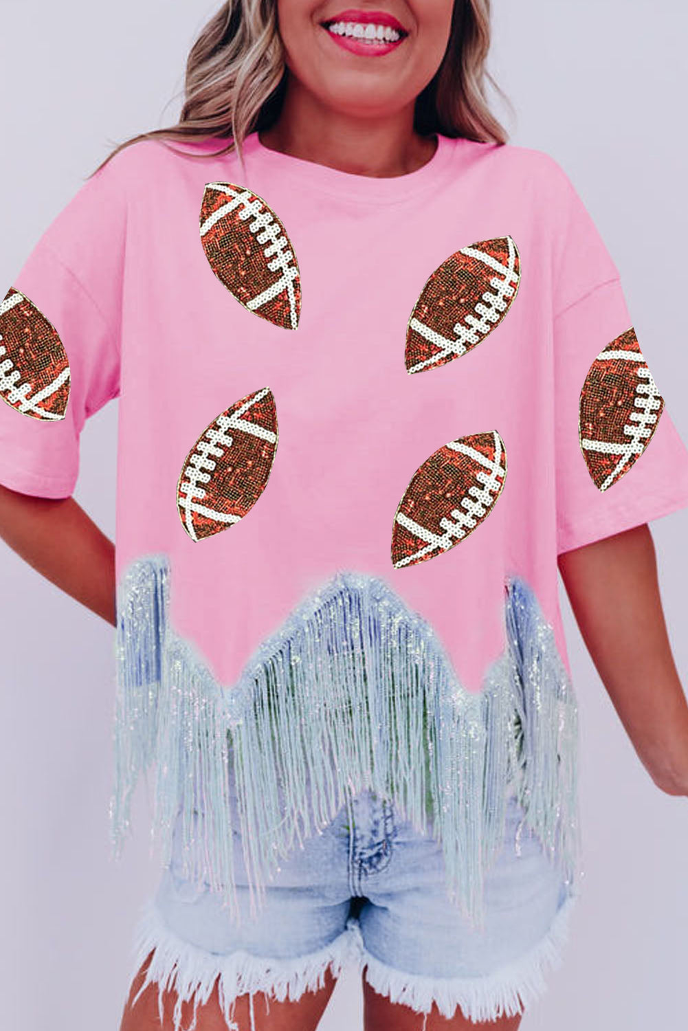 Pink Sequined Rugby Fringe Hem Cropped T Shirt Graphic Tees JT's Designer Fashion