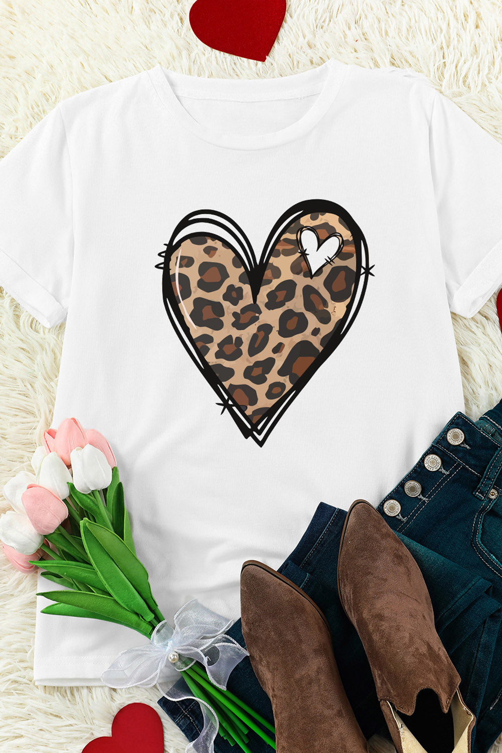 White Western Valentines Leopard Heart Graphic Tee Graphic Tees JT's Designer Fashion