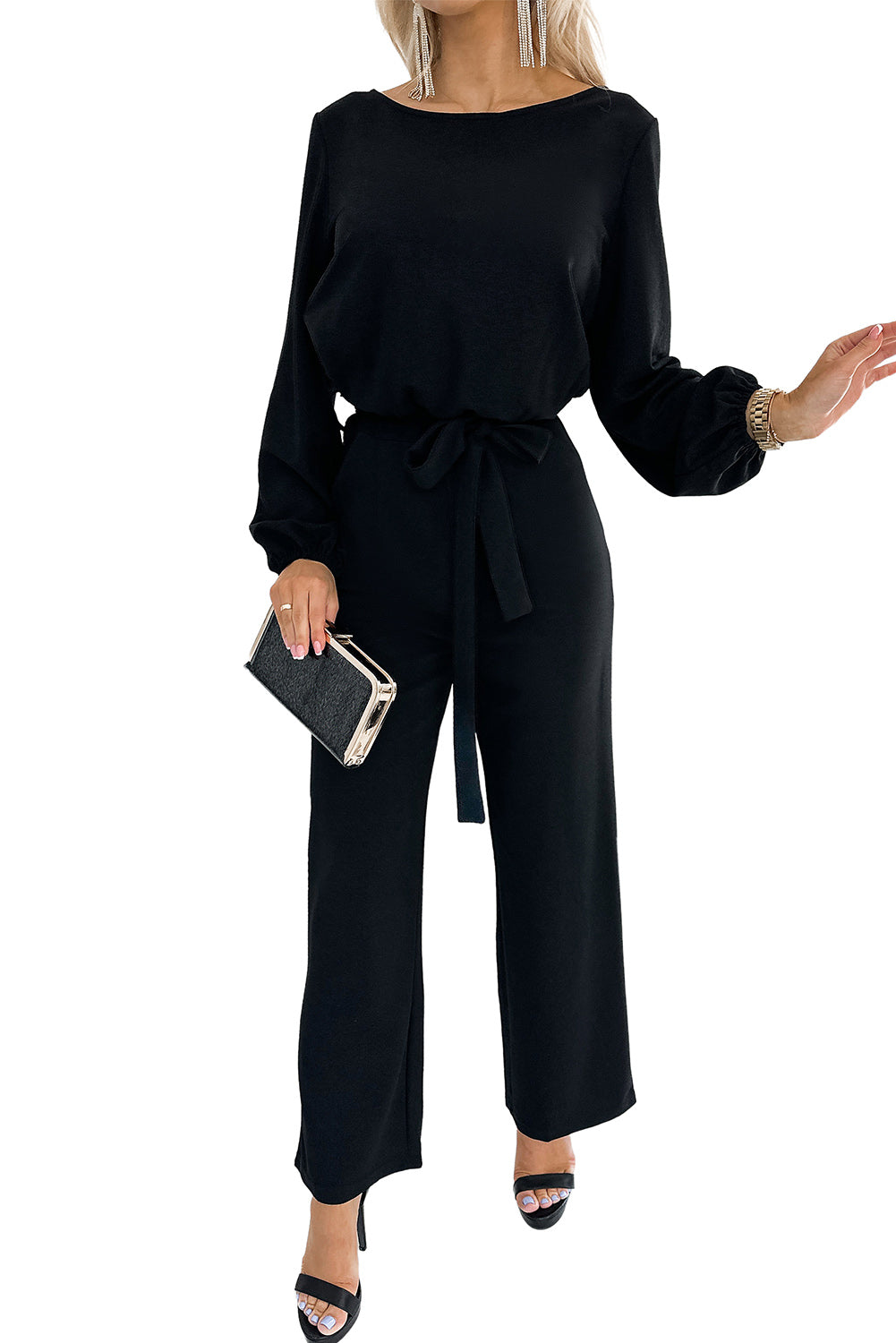 Black Boat Neck Bubble Sleeve Straight Legs Jumpsuit with Belt Tie Jumpsuits & Rompers JT's Designer Fashion