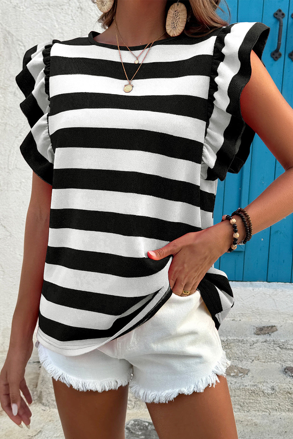 Black Stripe Flutter Sleeve Round Neck T Shirt Pre Order Tops JT's Designer Fashion
