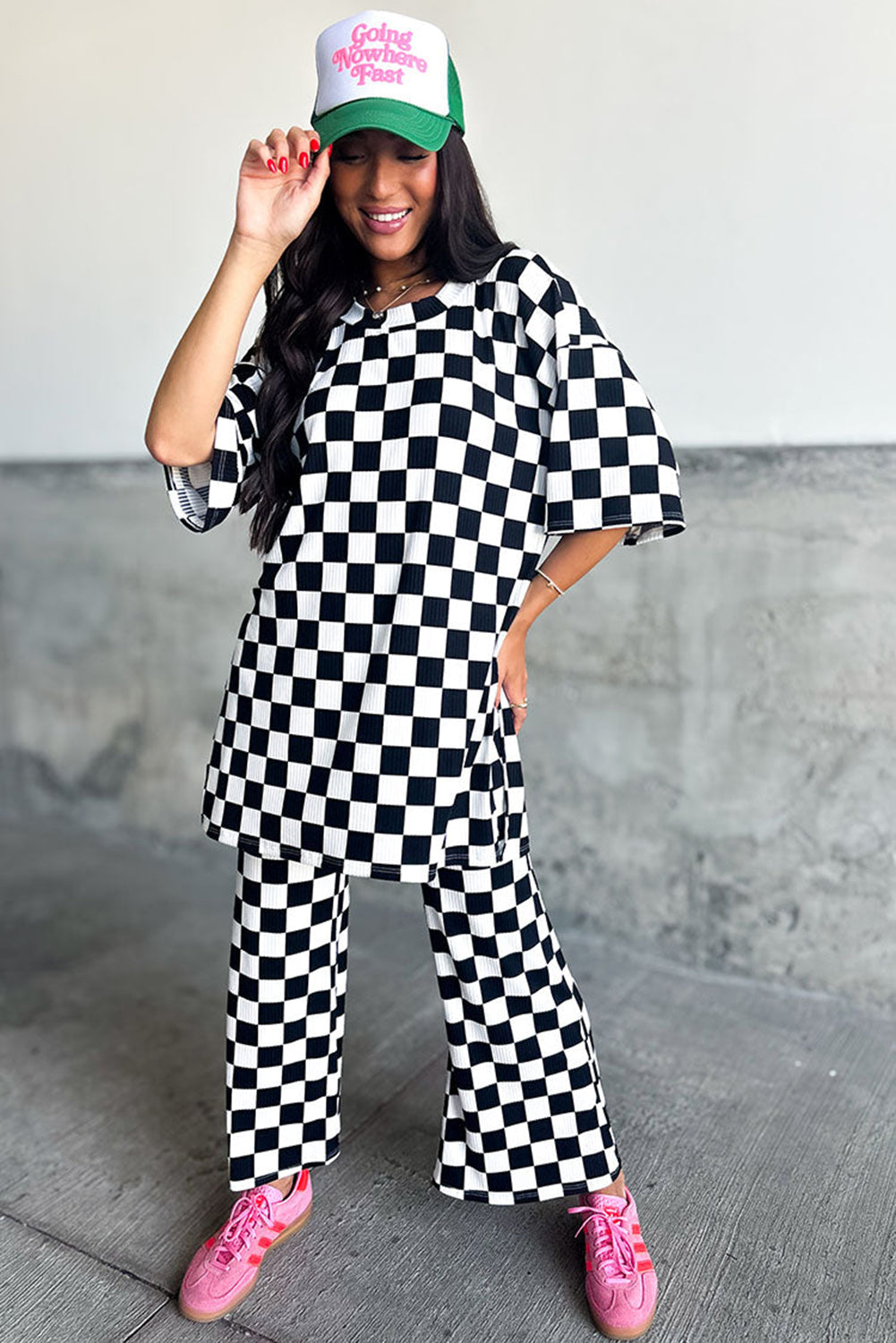 Black Checkered Print Half Sleeve Tunic Top and Flared Pants Set Pant Sets JT's Designer Fashion