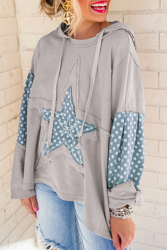 Beau Blue Floral Patchwork Star Pattern Drawstring Hoodie Sweatshirts & Hoodies JT's Designer Fashion