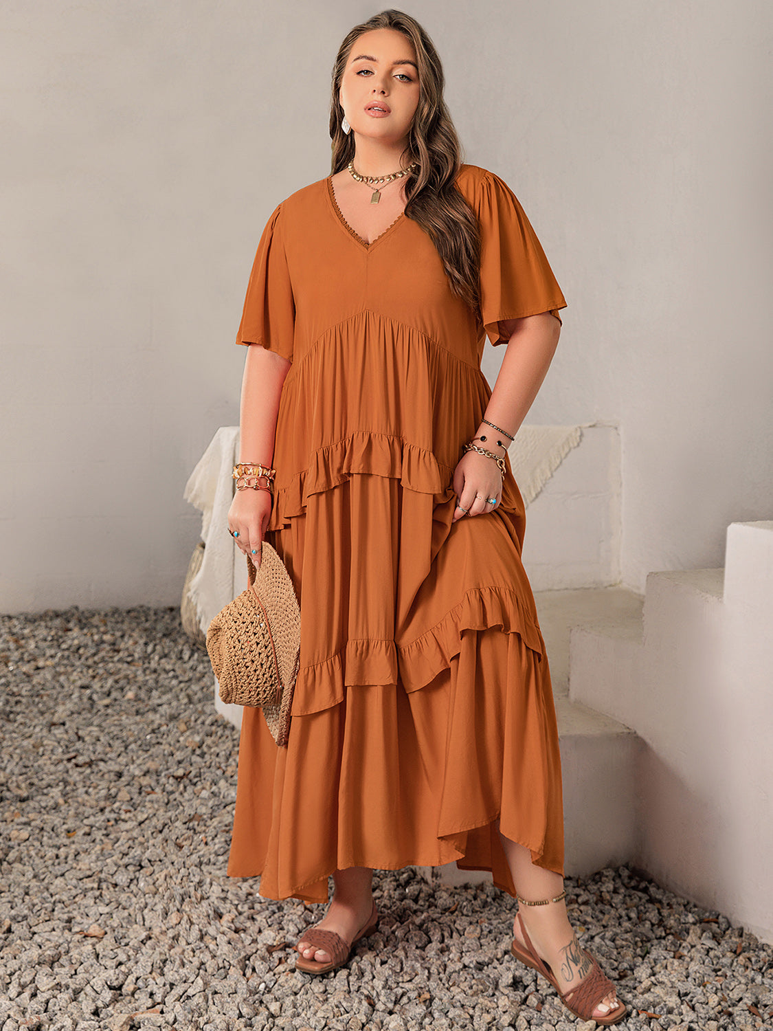 Plus Size V-Neck Flutter Sleeve Maxi Dress Maxi Dresses JT's Designer Fashion