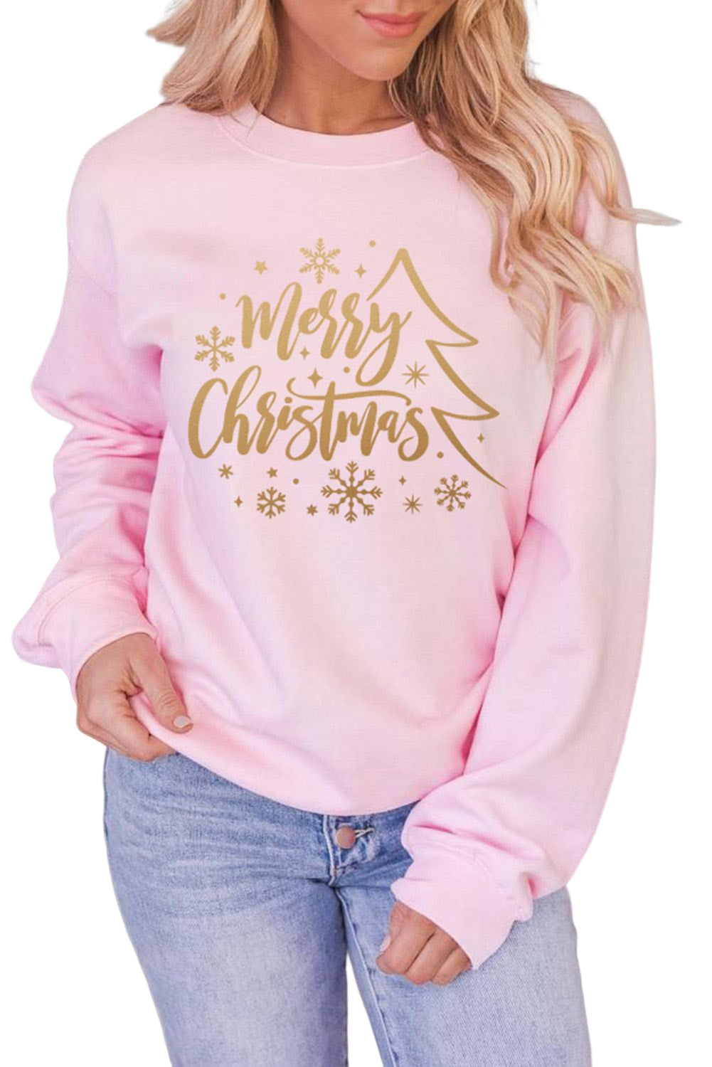 Pink Merry Christmas Snowflake Glitter Print Pullover Sweatshirt Graphic Sweatshirts JT's Designer Fashion