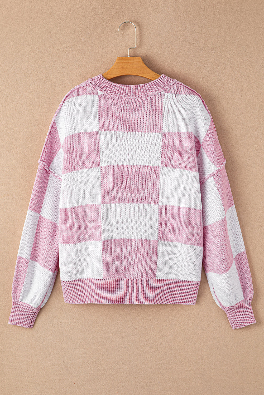 Pink Checkered Bishop Sleeve Sweater Sweaters & Cardigans JT's Designer Fashion