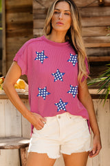 Rose Red Sequin Star Graphic Corded Side Split Patriotic T Shirt Graphic Tees JT's Designer Fashion