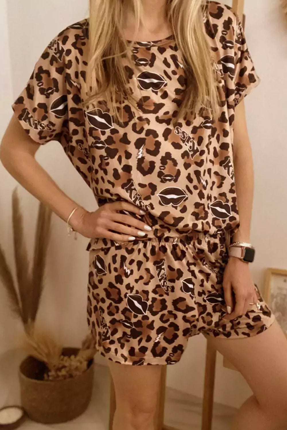 Khaki Leopard Kiss Lip Print Loose Two Piece Lounge Set Loungewear JT's Designer Fashion