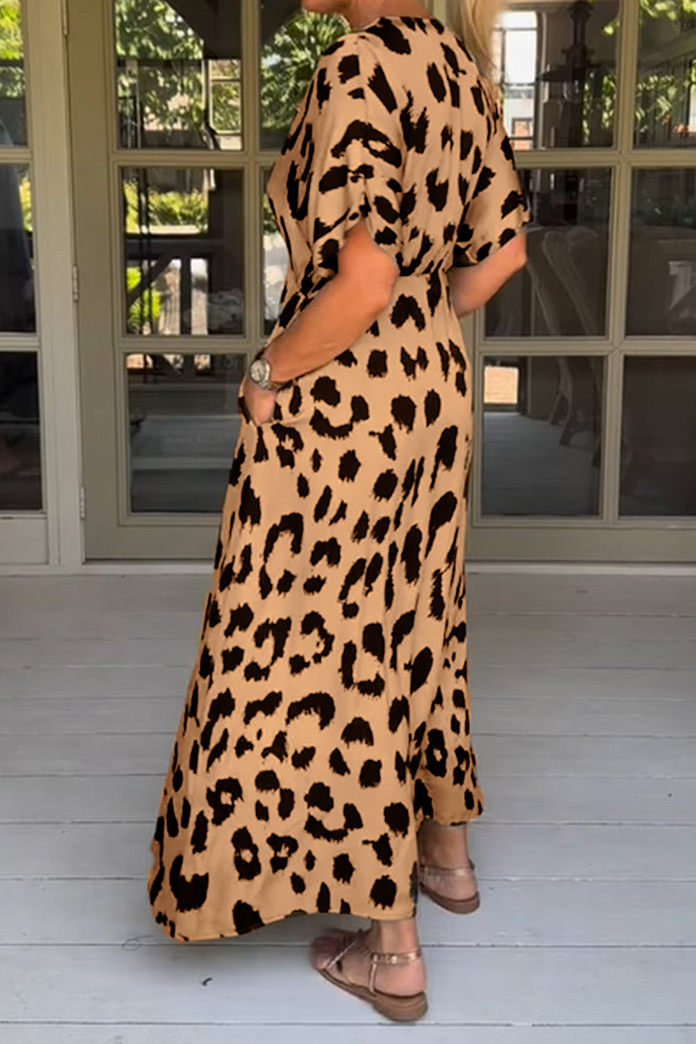 Khaki Leopard V Neck High Waist Buttoned Plus Maxi Dress Plus Size JT's Designer Fashion