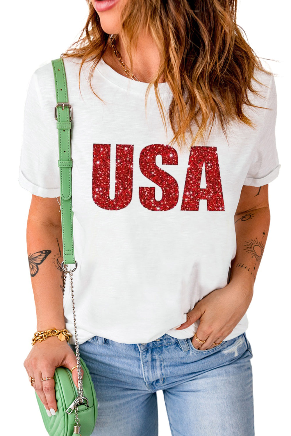 White USA Glitter Pattern Print Short Sleeve T Shirt Graphic Tees JT's Designer Fashion