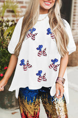 White Sequin USA Flag Balloon Puppy Graphic Drop Shoulder High Low Tee Graphic Tees JT's Designer Fashion