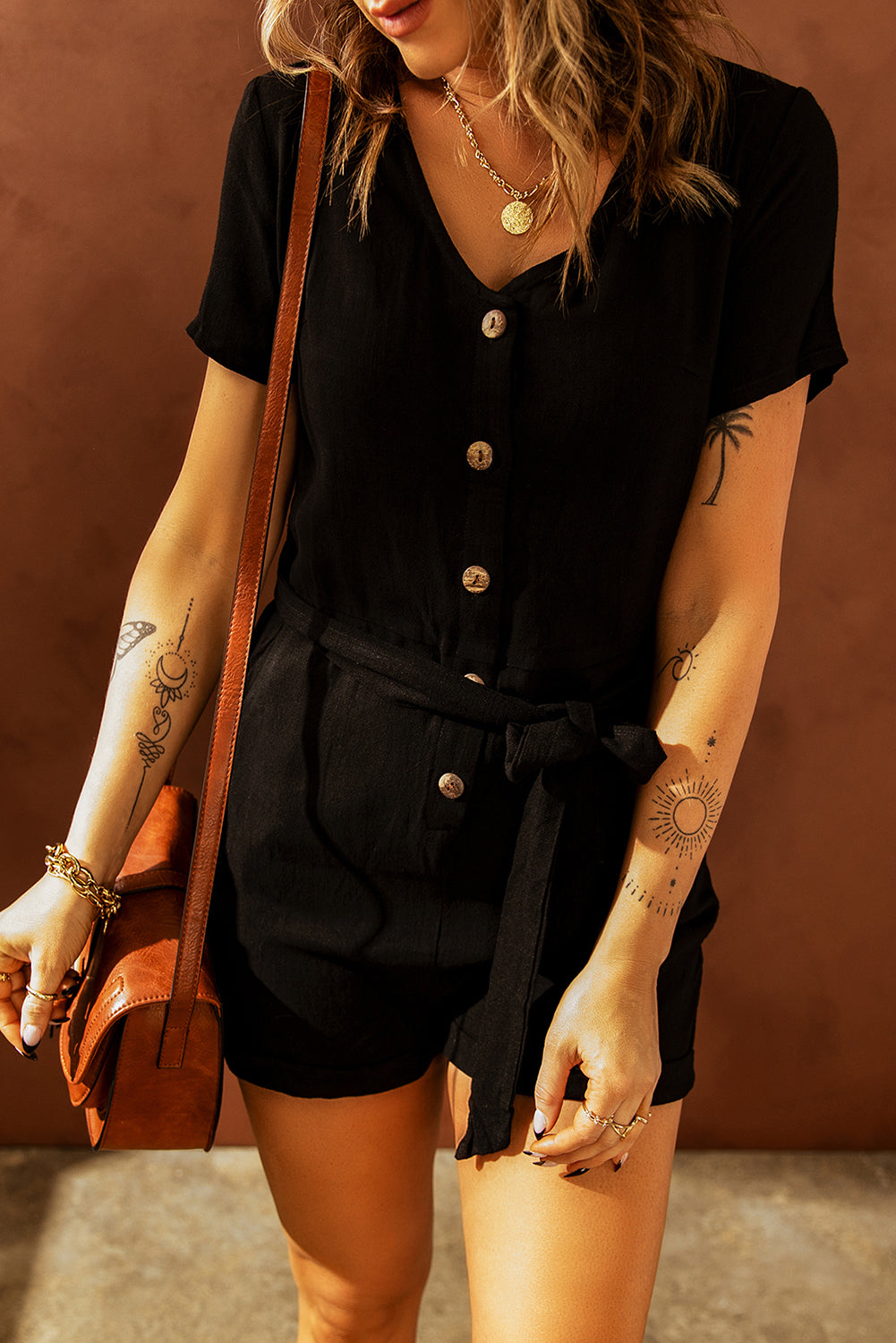 Black V Neck Short Sleeve Buttons Belted Romper with Pockets Jumpsuits & Rompers JT's Designer Fashion