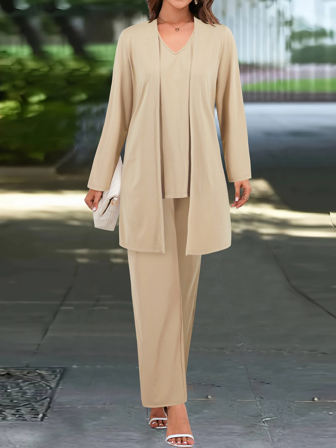 V-Neck Tank, Long Sleeve Cover-Up and Pants Three Piece Set Tan Pant Sets JT's Designer Fashion