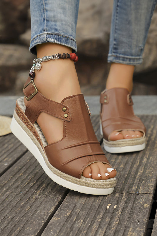 Chestnut Pleated Leather Cut Out Wedge Sandals Sandals JT's Designer Fashion