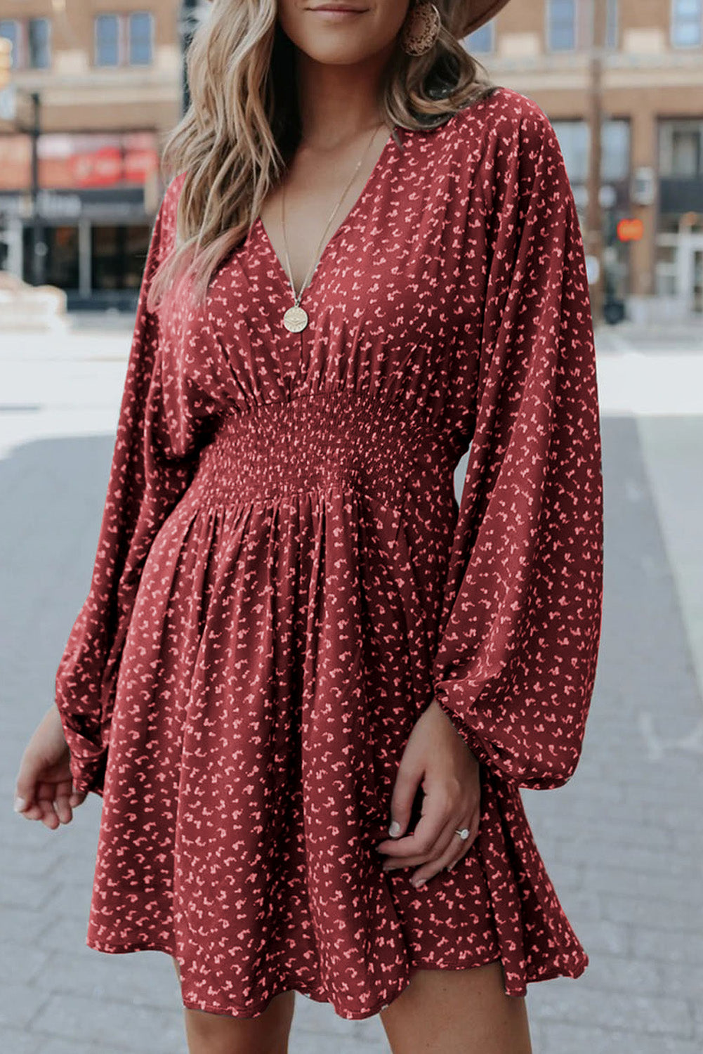 Fiery Red V Neck Balloon Sleeve Smocked Waist Printed Mini Dress Mini Dresses JT's Designer Fashion