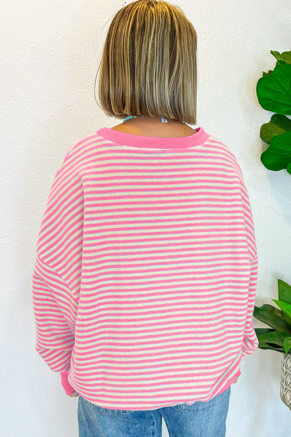 Pink Stripe Loose Drop Shoulder Long Sleeve Top Long Sleeve Tops JT's Designer Fashion