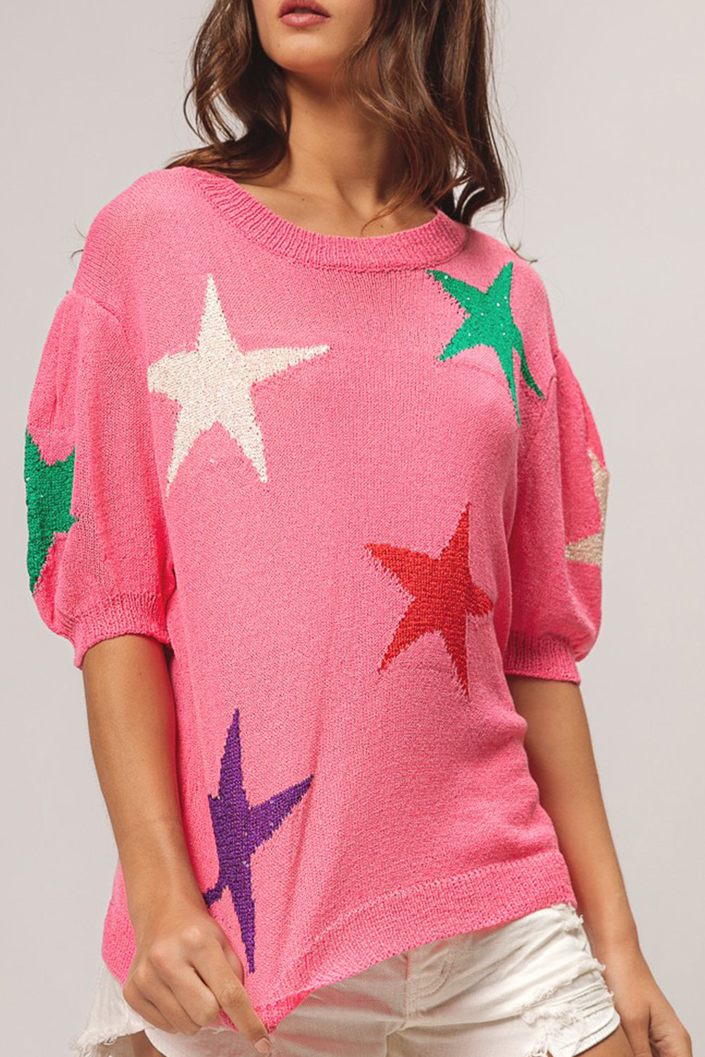 Pink Big Star Accent Dropped Puff Sleeve Knitwear Top Pre Order Sweaters & Cardigans JT's Designer Fashion