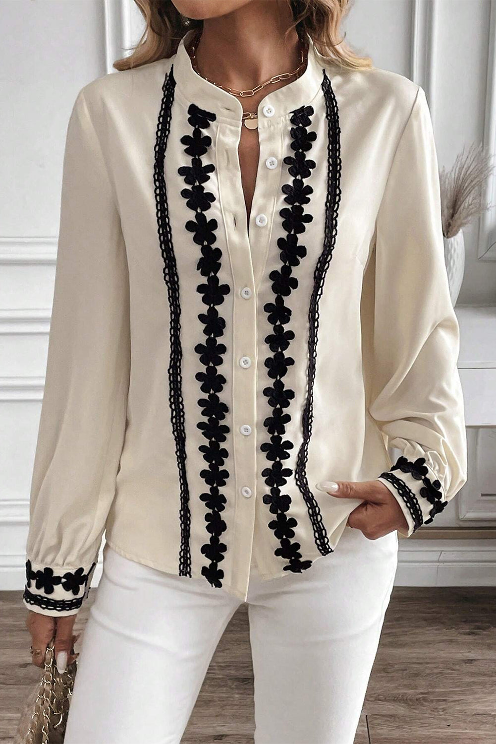 Beige Floral Embroidered Stand Neck Buttoned Shirt Blouses & Shirts JT's Designer Fashion