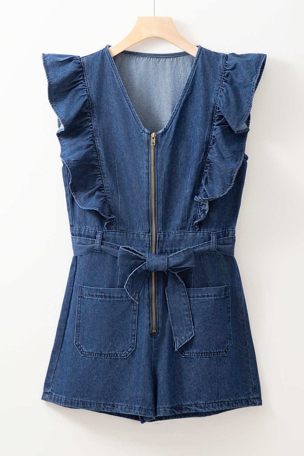 Sail Blue Denim Ruffled Zipped Front Belted Romper Jumpsuits & Rompers JT's Designer Fashion